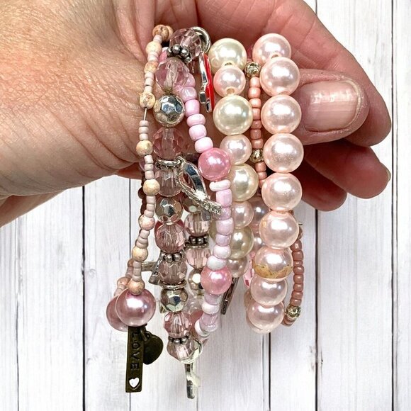 Breast Cancer Awareness Bracelet Bundle Pink Gold Silver Beaded Stretch OS - Picture 4 of 5